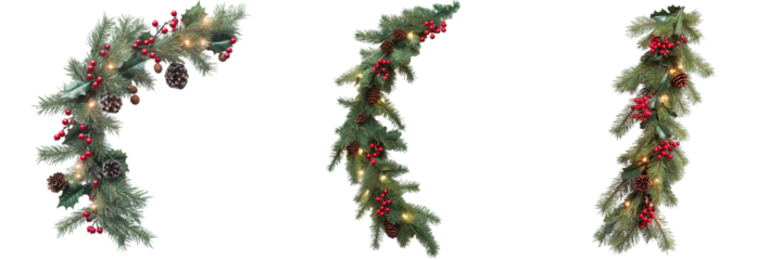 A festive Christmas garland made of pine branches, red berries, and twinkling lights, isolated on transparent background
