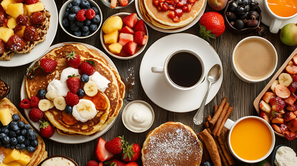 A delicious breakfast spread with pancakes, fruit, and coffee.