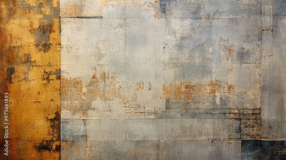 Poster an abstract composition featuring textured blocks of gold and gray hues, creating a modern artistic 