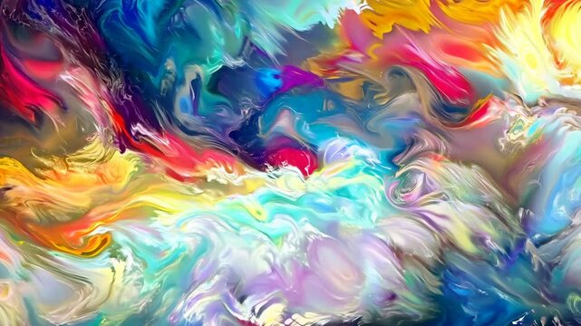 Abstract colorful cloud-like texture with vibrant hues and dynamic brush strokes, creating a visually stimulating and ethereal atmosphere.