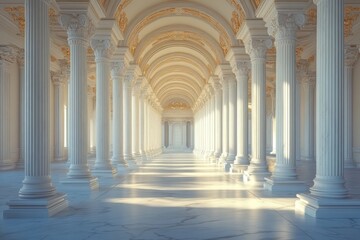 A row of grand white columns stretching into the distance. Generative AI