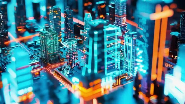 Futuristic cityscape with glowing blue buildings and orange roads is being projected as a hologram. This image evokes concepts such as innovation, technology, and the future