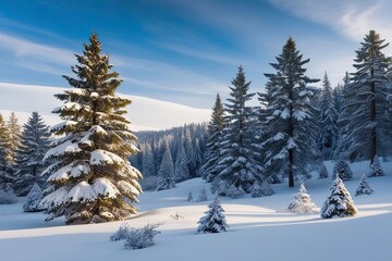 Obraz premium Enchanting Winter Wonderland with Snowy Spruce Trees and Mystical Forest Scenery
