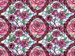 バラのステンドグラスのシームレスパターン　A-1'
