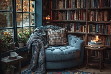 A cozy corner in a library with a plush armchair, a small side table with a lamp, and a stack of books. Generative AI