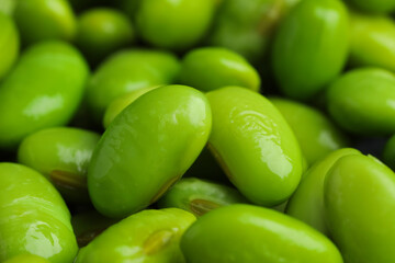 Fresh edamame soybeans as background, closeup view