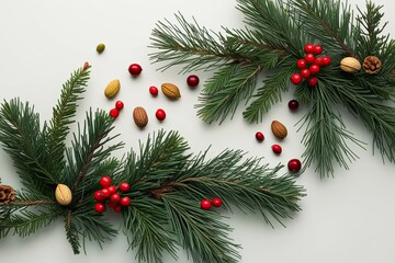 Festive Holiday Art Arrangement with Cedar Needles Christmas Berries and Small Nuts on a Minimalist Background