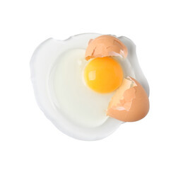 Broken raw egg with shell isolated on white, above view