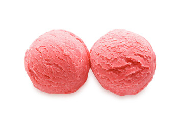 Scoops of tasty watermelon sorbet isolated on white, top view