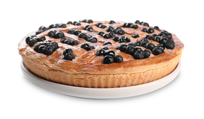 Tasty homemade pie with blueberries isolated on white
