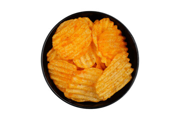 Crispy potato chips in black bowl isolated transparent