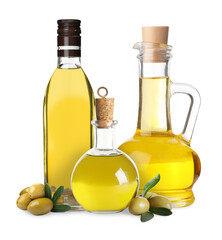 Vegetable fats. Olive oil in glassware on white background