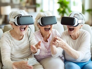 Senior women friends fun with virtual reality headset or 3d glasses in the living room together
