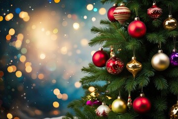 Magical Christmas Pine Tree Decorated with Vibrant Ornaments and Soft Glowing Bokeh in a Festive Setting