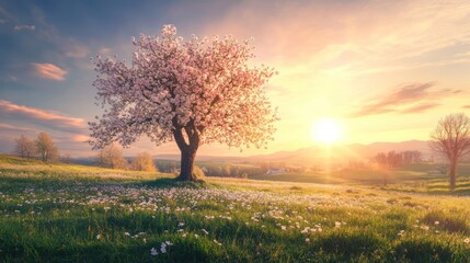 Fototapeta premium A blooming tree in a grassy field under a golden sunset.