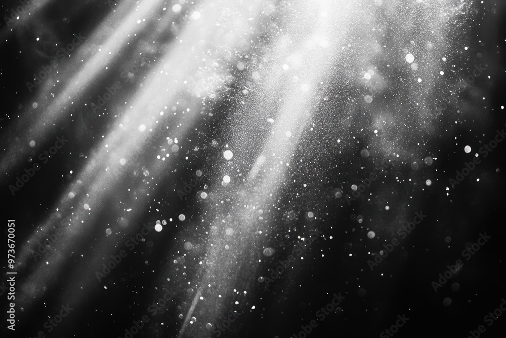 Poster abstract black and white image showcasing rays of light piercing through floating dust particles, cr