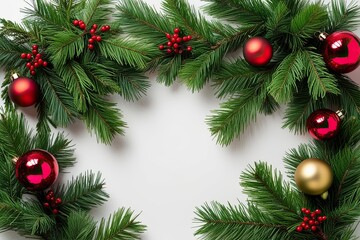 Festive Holiday Decoration Idea Featuring Green Fir Branches on White Canvas