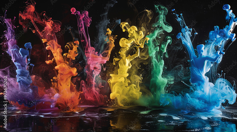 Poster dancing color ink on black background. colorful ink swirls in water creating abstract art shapes. vi