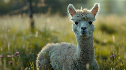 Portrait of a White Alpaca in a Field