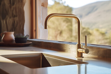 Fototapeta premium Modern Kitchen Sink with Brushed Gold Faucet and Window View