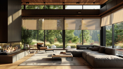 Fototapeta premium Contemporary living room with a built-in fireplace, modular furniture, and large windows with automated blinds.