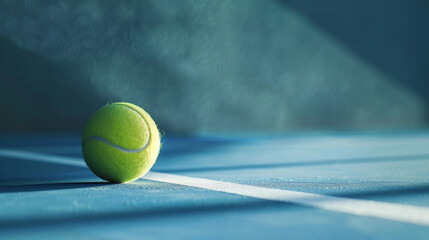 Tennis Ball on Blue Court with Morning Light. A tennis ball lies on a blue court, bathed in soft morning light, highlighting the texture and vibrant color. Perfect for sports and fitness themes.