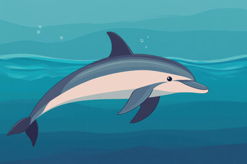 Fototapeta premium Illustration of a dolphin swimming gracefully in clear blue waters, with bubbles rising to the surface. Serene ocean scene with aquatic life.
