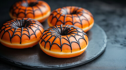 Spider Web Donuts, glazed donuts decorated with spider web icing patterns, Halloween, with copy space