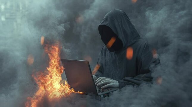 a hacker wearing a black robe and using a laptop with a background of black smoke and fire. Virtual 4K video animation background with looping time lapse with very smooth graphics.