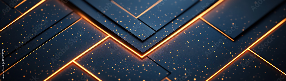 Poster abstract geometric pattern with glowing orange lines on dark background, creating a futuristic and t