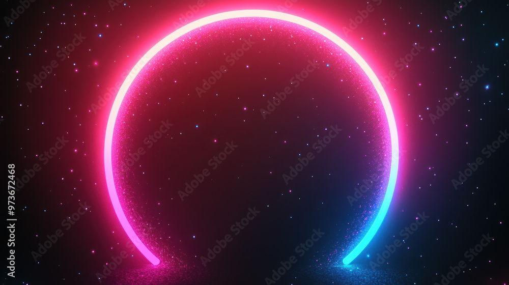 Poster a glowing neon arch with sparkling particles on a black background, filled with vibrant colors of pi