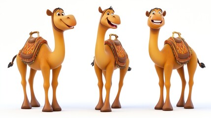 Naklejka premium Three cute cartoon camels with saddles stand on a white background, looking in different directions.