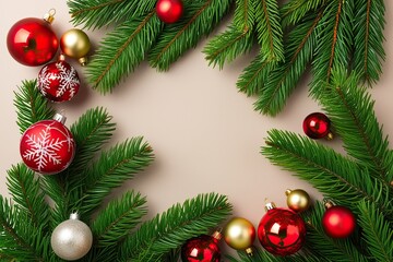 Vibrant Christmas Decor Featuring Fresh Green Pine Branches on Neutral Backdrop