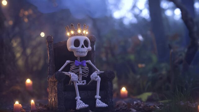 Elegant skeleton wearing crown and bow tie on throne. Cartoon Halloween concept.