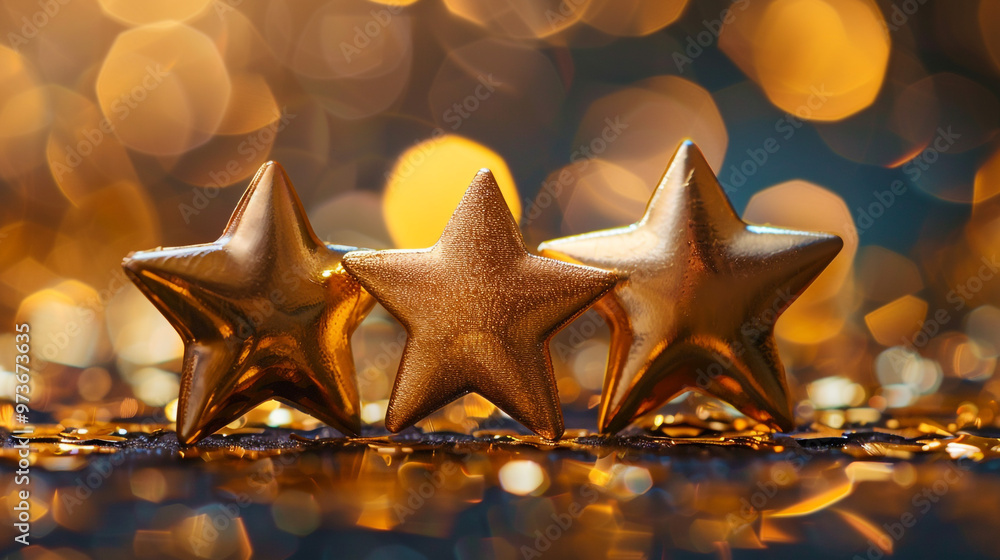 Poster golden stars against a glittering background. three shimmering golden stars are placed on a sparklin