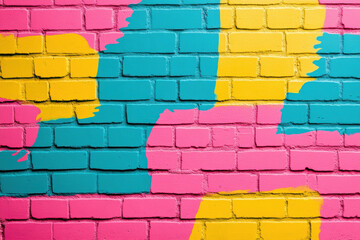 Naklejka premium Brightly colored brick wall painted with vibrant pink, yellow, and blue abstract shapes. Perfect for backgrounds or creative projects.
