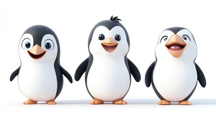 Naklejka premium Three cartoon penguins with big smiles stand together.