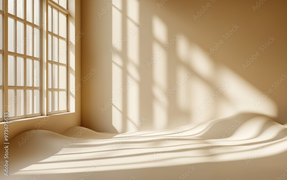Poster sunlight streams through large windows, casting intricate shadows on a minimalist, monochromatic int