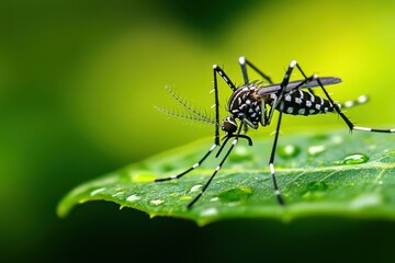 Aedes Mosquito Resting on Leaf with Blurred Green Background