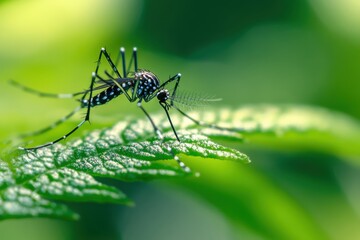 Aedes Mosquito Resting on Leaf with Blurred Green Background