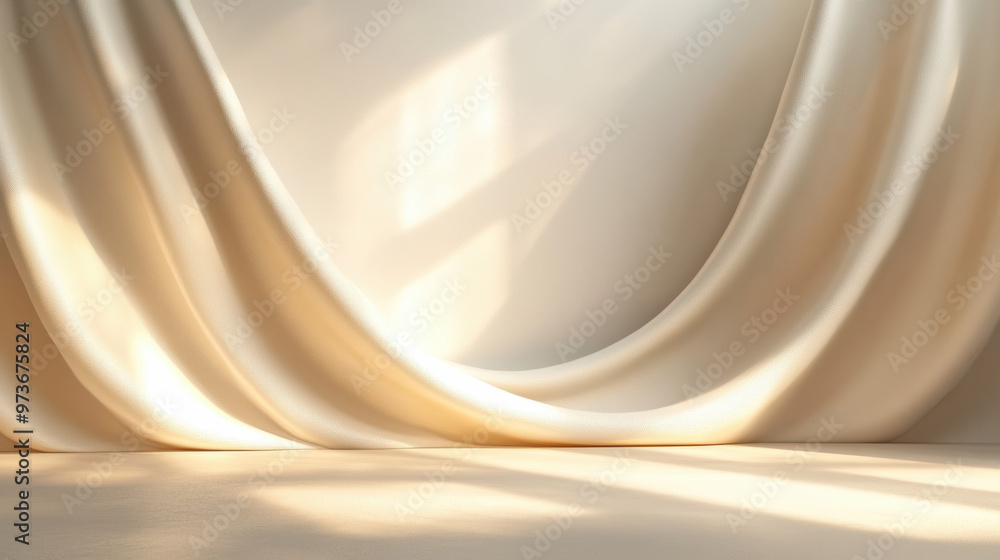 Poster elegant soft beige fabric drape with gentle light and shadows, creating a serene and luxurious atmos
