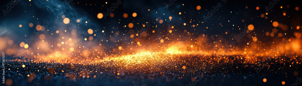 Poster glittering gold and orange particles float against a dark background, creating a mesmerizing and mag