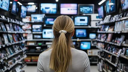 Back view of young woman in electronics store