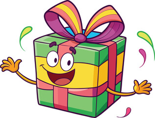 Happy colorful cartoon gift box waving and smiling