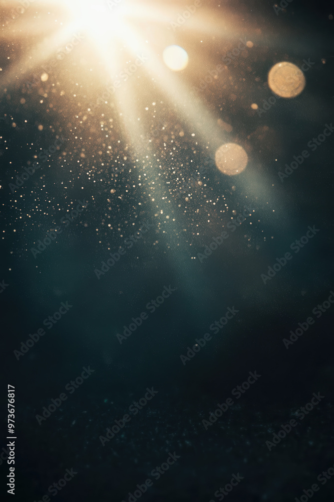 Poster abstract image of dust particles floating in bright sunlight rays against a dark background, creatin
