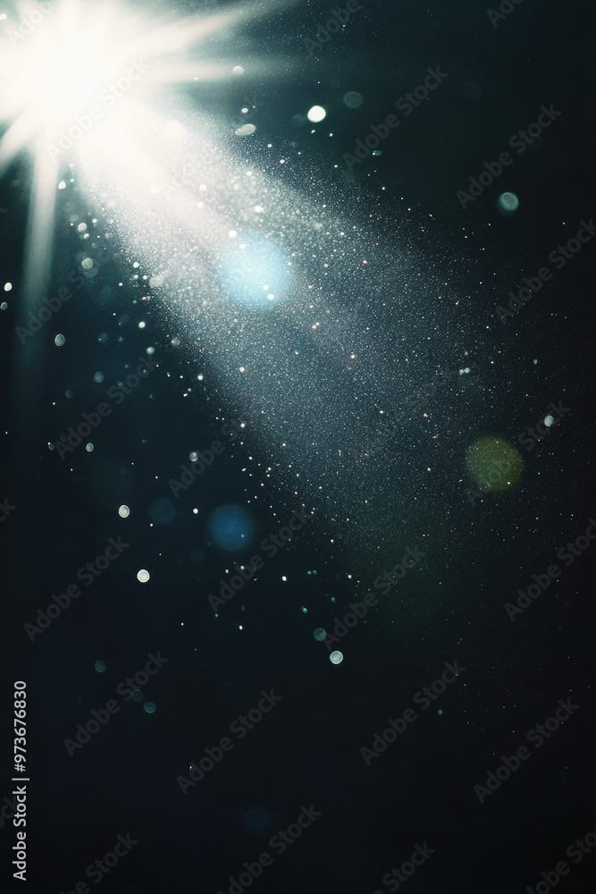 Poster a beautiful shot of rays of light illuminating tiny particles in the dark, creating a magical and my