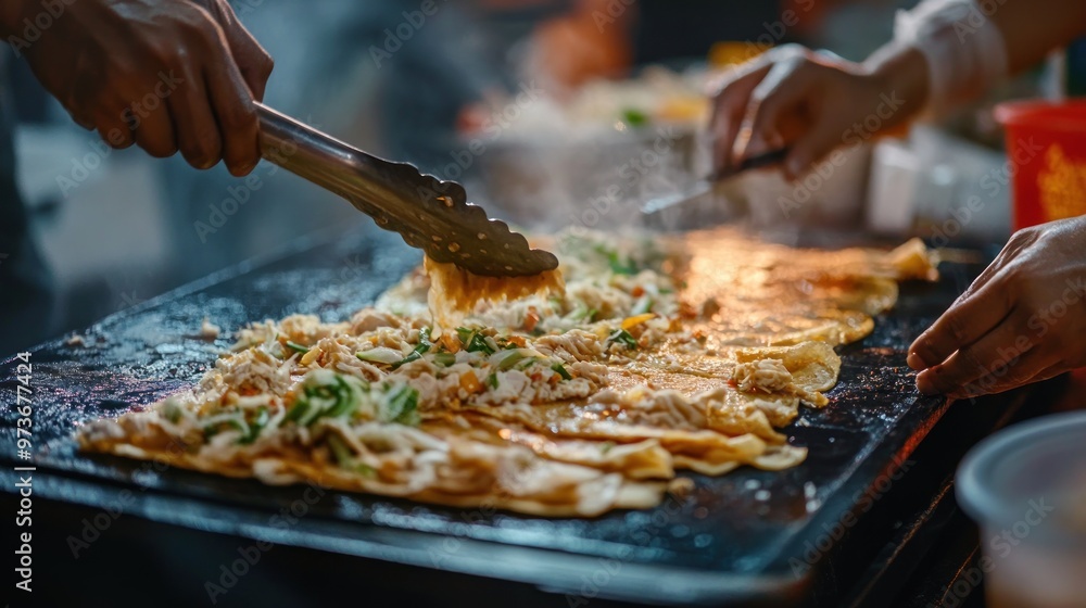 Wall mural A close-up of a person using tongs to flip over a crepe-like dish with filling on a hot griddle.