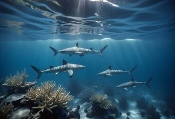 Obraz premium A school of sharks swimming in the deep blue ocean