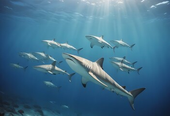 Obraz premium A school of sharks swimming in the deep blue ocean