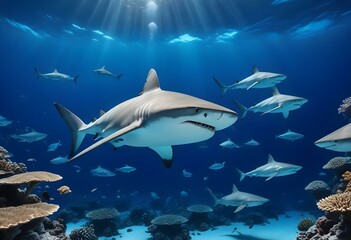 Fototapeta premium A school of sharks swimming in the deep blue ocean